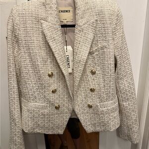 L'AGENCE Brooke Cream Tweed Double-Breasted Blazer with Gold Buttons NWT size 4